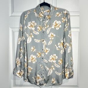 CHICO'S Gray/Gold Floral Print Button Up Shirt - Size 2 (Large 12)